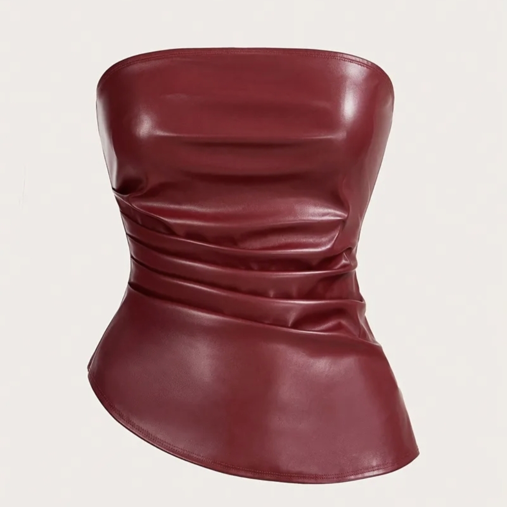 Burgundy Strapless Faux Leather Top